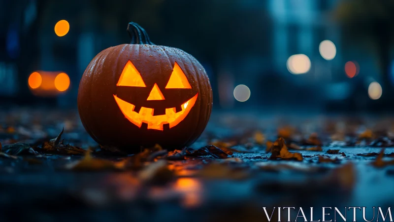 Rainlit jack-o-lantern glows over wet autumn street.