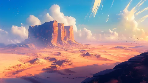 Desert mesa landscape under expansive clouded sky.