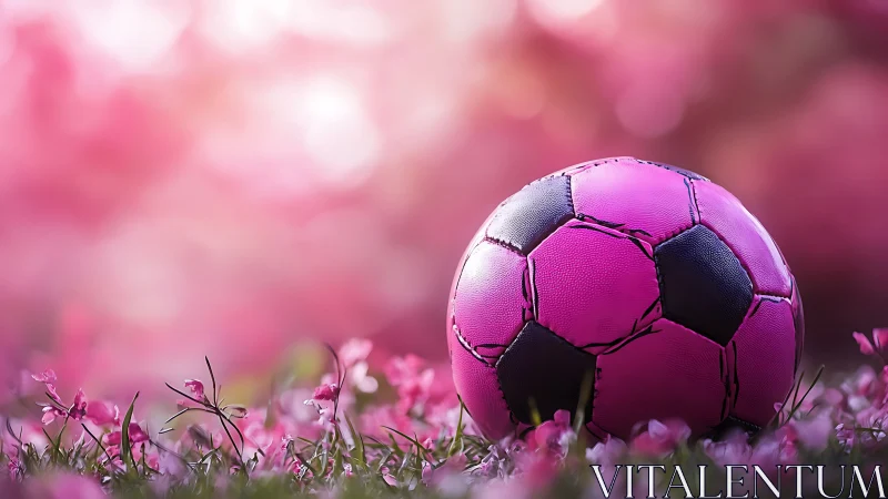 Pink daydream soccer ball resting in a blossom haze field.