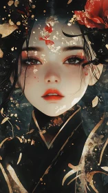 Quiet blossom gaze wrapped in ink-dark falling petals.