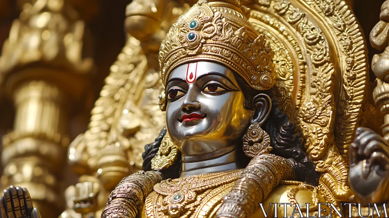 Golden Hindu goddess sculpture shows ornate divine serenity