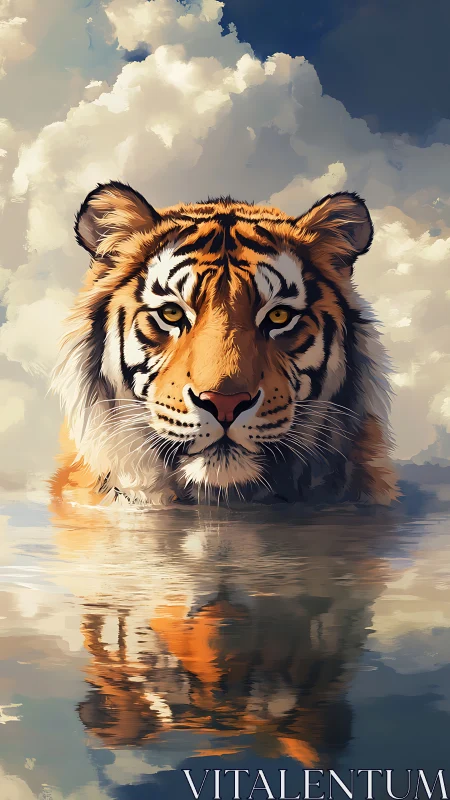 Tiger portrait emerging from water with mirrored reflection study