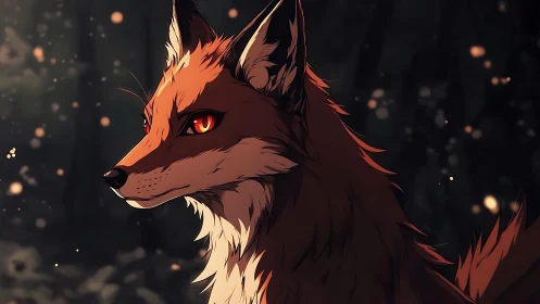 Fox portrait with glowing eyes in dark forest scene.