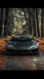 Sleek sports car rests calmly on a quiet autumn forest road