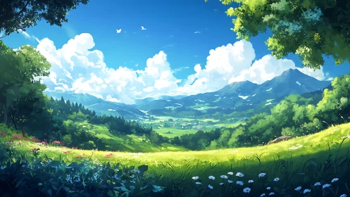 Digital painting panoramic alpine valley under luminous skies.