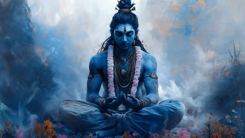 Blue meditative deity in stylized digital landscape.