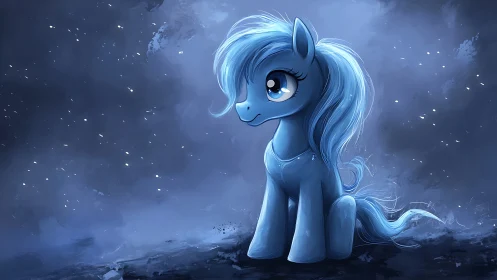 Gentle blue pony shining softly in a dreamy night sky.