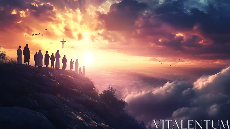 Sunset crucifixion scene above glowing cloud horizon.