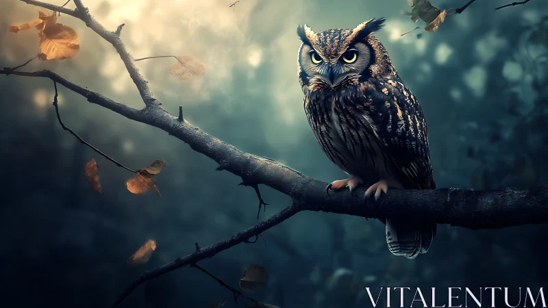 Majestic owl perched on autumn branch, cinematic moody lighting.