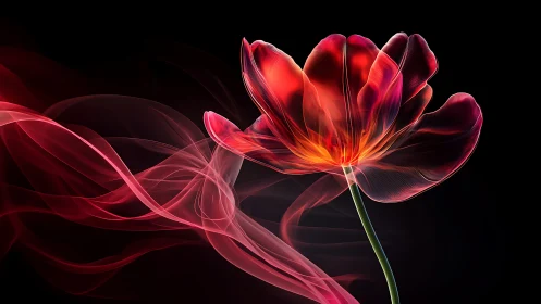 Neon Flower Bloom Against Dark Background. Digital Light Art.