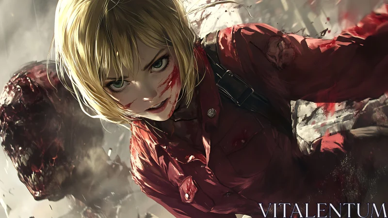 Bloodstained blonde combatant in damaged red uniform portrait.