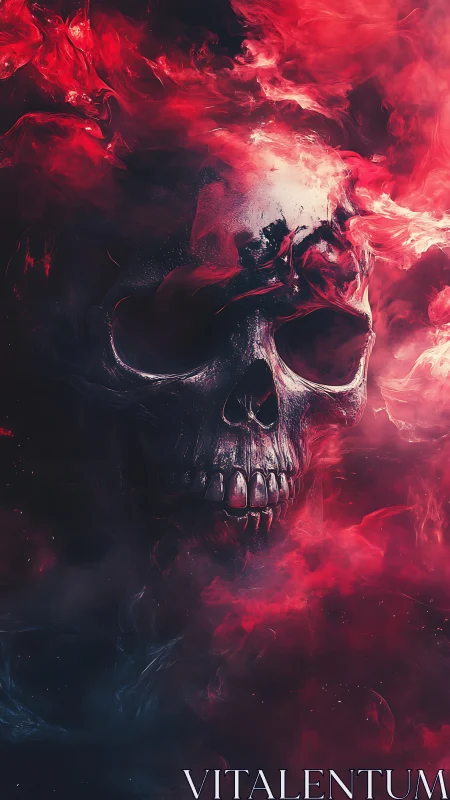 Human skull rendered in red and dark vaporous surroundings.