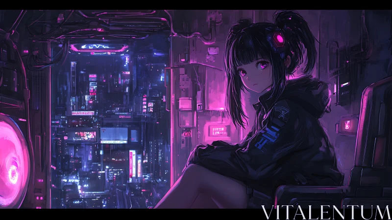 Cyberpunk interior with seated girl overlooking neon city.