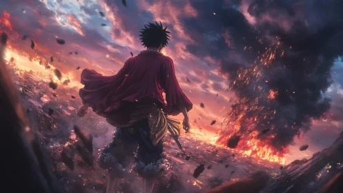 Storm-lit pirate hero facing a burning horizon of chaos.