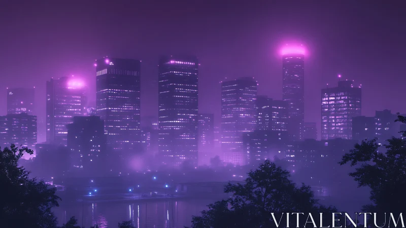 Neon magenta skyline illuminates fog-layered riverside cityscape