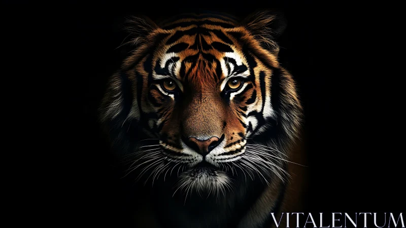 Tiger portrait against deep black background in chiaroscuro.