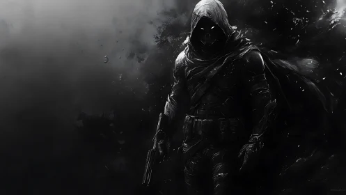 Hooded tactical assassin in monochrome smoke with high contrast lighting
