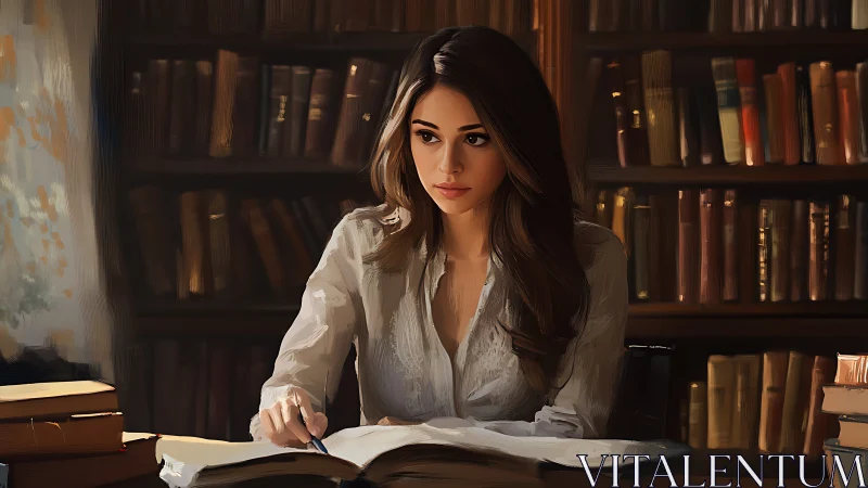 Young woman studying in cozy library, digital painting style.