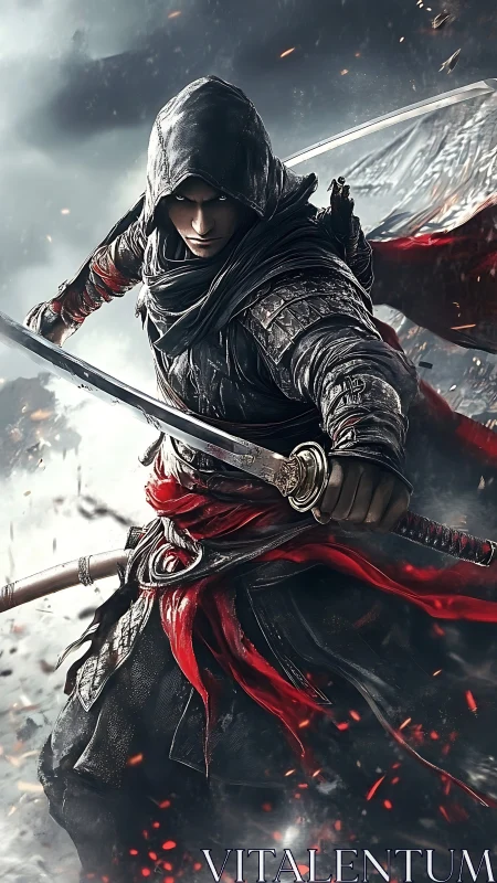 Storm-edge rogue spinning twin blades through embered frost.