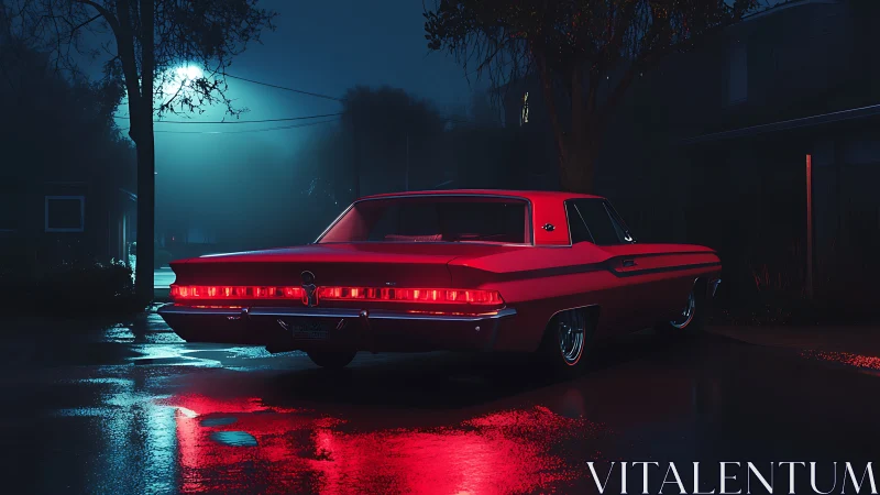 Red classic lowrider glows under moody blue streetlight rain