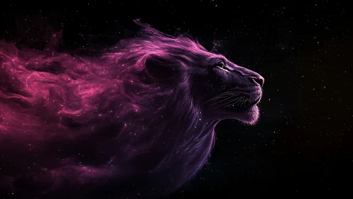 Nebula-maned cosmic lion streaming through starry night.