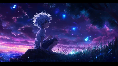 Boy watches glowing blue fireflies over neon sunset sky