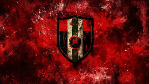Grunge shield emblem with tri-band stripes on turbulent red field.