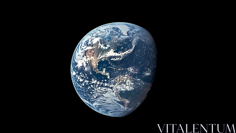 Earth from space with visible Americas and cloud systems.