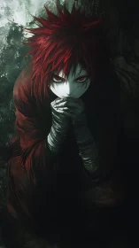 Red‑haired crouched figure with bandaged arms in dramatic chiaroscuro