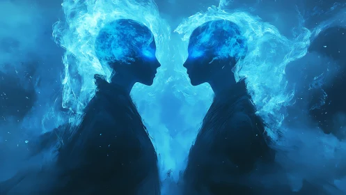Dual blue flame silhouettes in mirrored lateral profile.