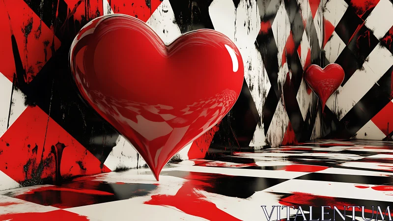 Glossy Red Heart Sculpture Surrounded by Distressed Geometric Abstraction