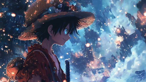 Skybound straw-hat dreamer strolls through floating ember city.