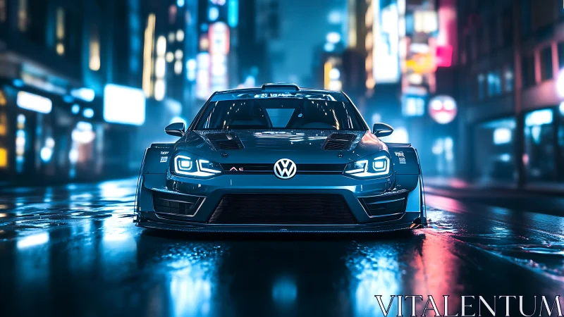 Neon-soaked Volkswagen racer on reflective cyberpunk street.