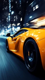 Orange supercar races through neon city streets at night.