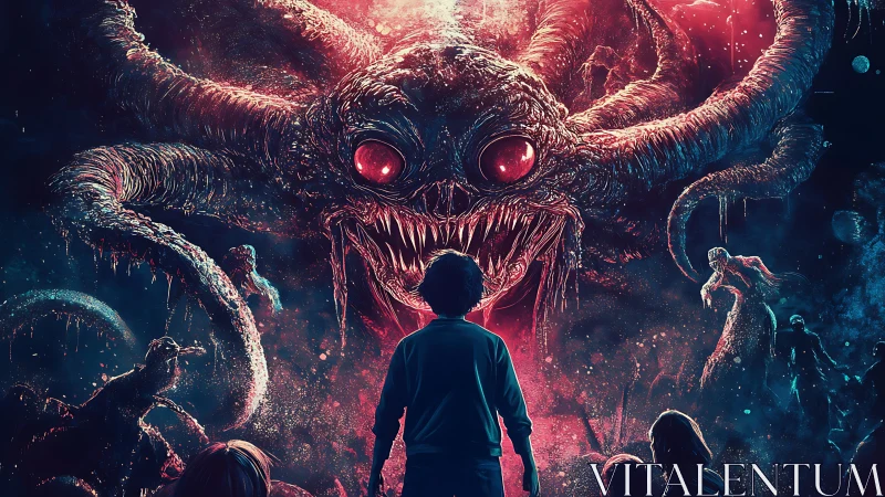 Children confront towering tentacled monster in glowing void