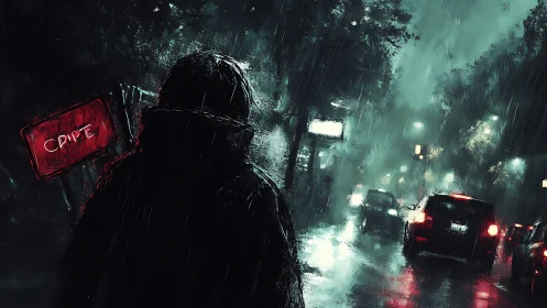 Hooded figure walks alone on a rainy neon city street night