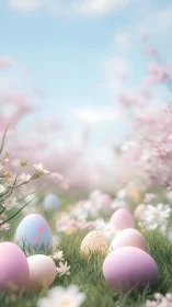 Pastel Easter eggs scattered in soft spring meadow light.