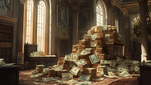 Mountain of banknotes engulfs classical library interior