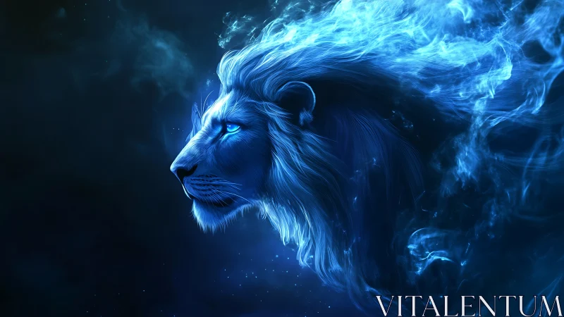 Luminescent blue lion profile rendered in ethereal digital light