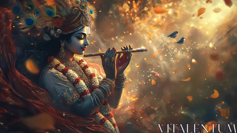 Divine blue-skinned figure playing flute amid glowing leaves.