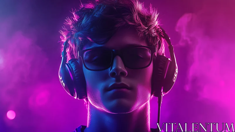 Young person with headphones sits under magenta studio lights