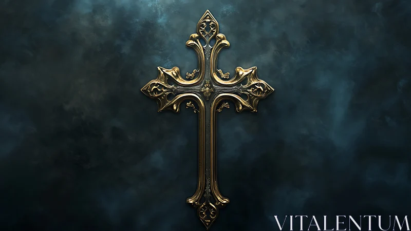 Ornate golden cross stands centered on dark textured background