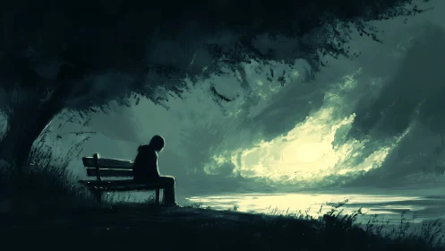 Solitary figure watches distant moonlit horizon over water