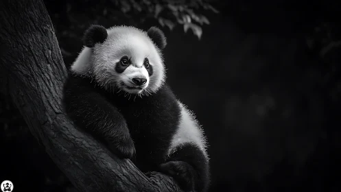 Monochrome juvenile panda on inclined arboreal support, resting.