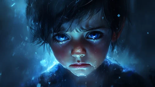 Sad child portrait with glowing blue eyes in tears.