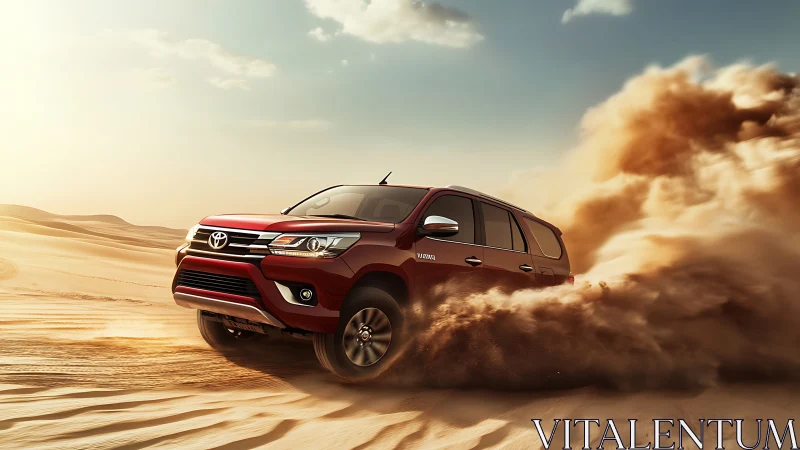 Crimson desert SUV carving sunlit dunes in a dust storm.