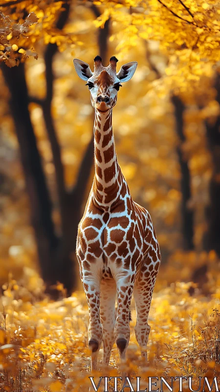 Giraffe standing in warm golden forest clearing at sunset.