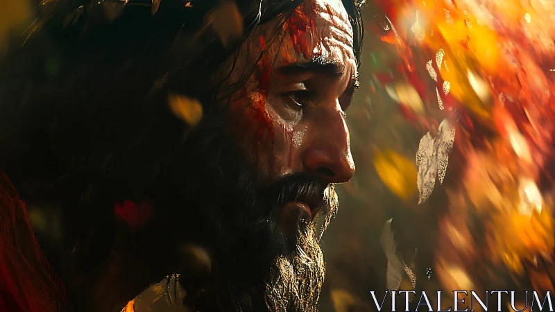 Wounded prophet in burning autumn light of swirling grace.