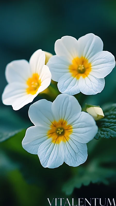 White Flowers with Yellow Centers Against Dark Green Background