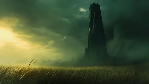 Stormlit tower watching over windswept golden fields.